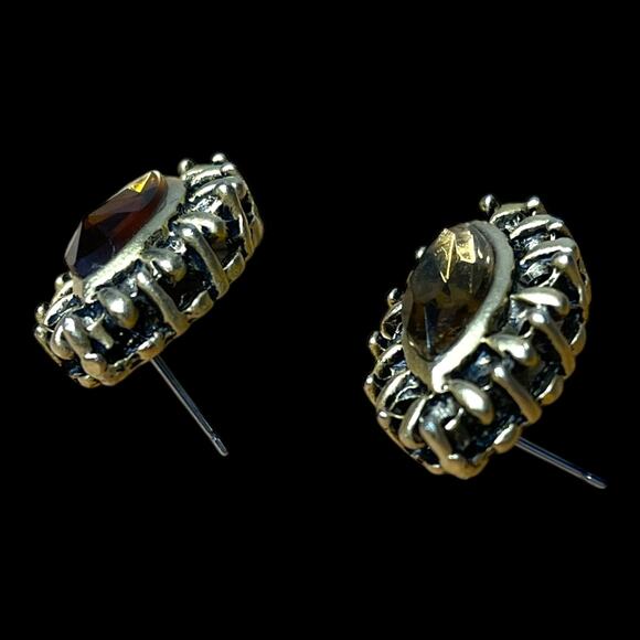 Vintage Amber Glass Marquise Stone Brass Tone Post Earrings - Picture 8 of 16